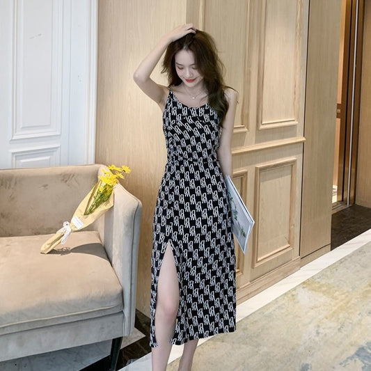 Sling Print Black And White Slit Mid-length Dress Women's Holiday A-line Skirt