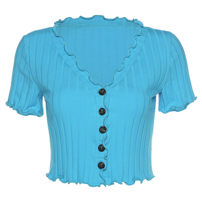 Women V-neck Fahion Casual T-shirts Short Sleeve Summer 2021 Crop Top Slim Female Short Soft Knitted Fabric Tees Harajuku Tops