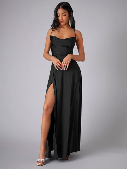 Summer Sexy Slimming Backless Strap Long Split A line Dress Women's Fashion High Waist Belted Gown V-neck