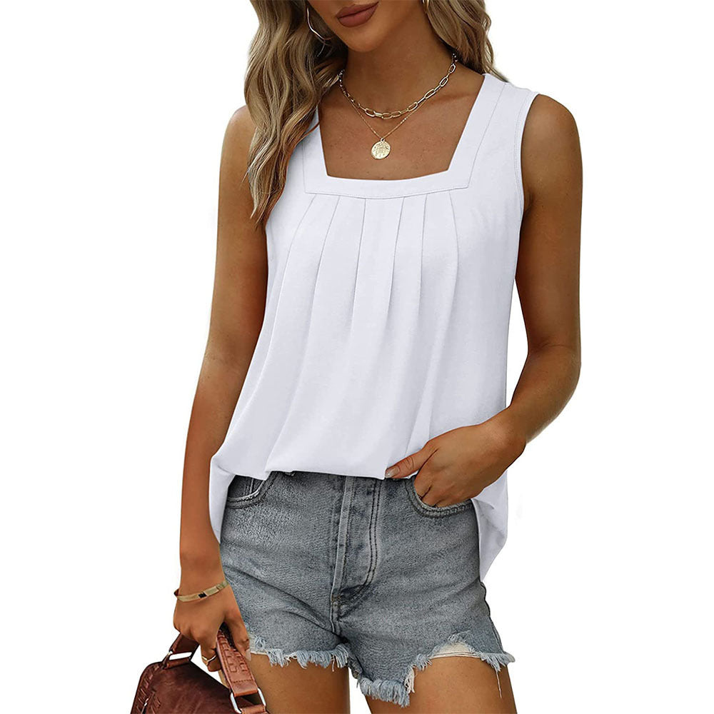 Sleeveless square neck vest t-shirt women's solid color pleated camisole fashion top