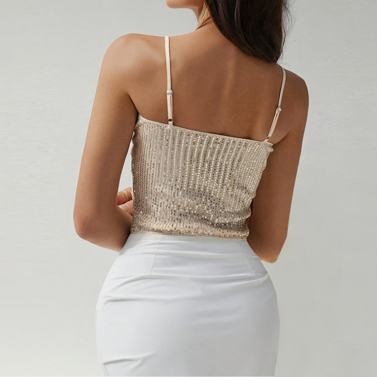 Bare navel and backless sequined camisole top for women