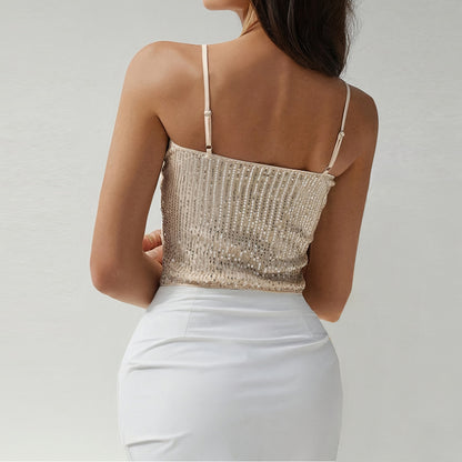 Bare navel and backless sequined camisole top for women