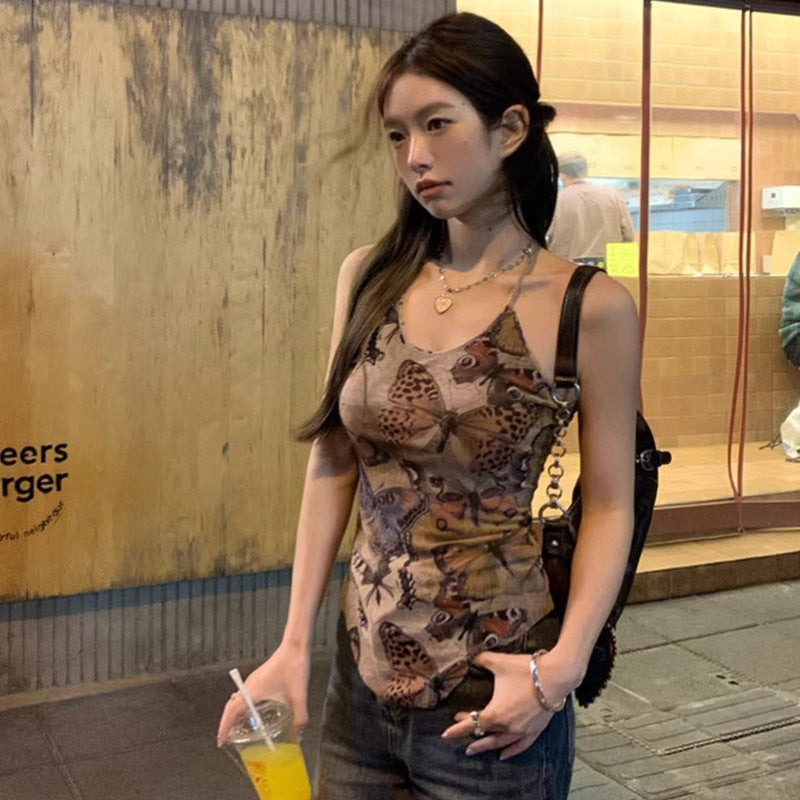 Retro Butterfly Print Strappy Camisole Women's Summer Sexy Fitted Sleeveless Top