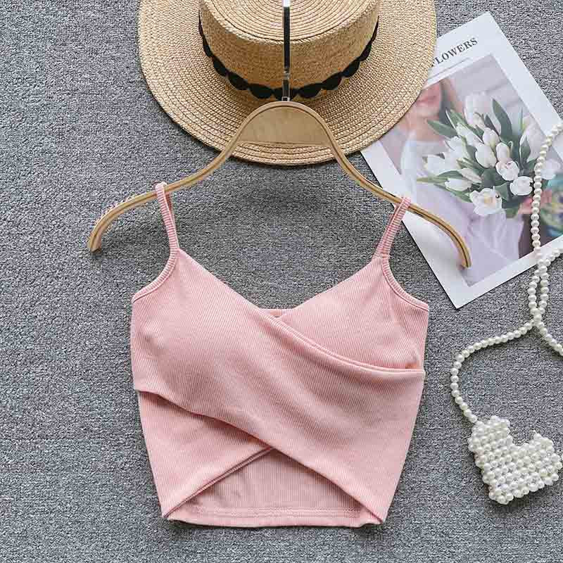 Ribbed Camisole Summer Fitted Strap Inner Wear with Fixed Pads High Elasticity Crossed Back Design