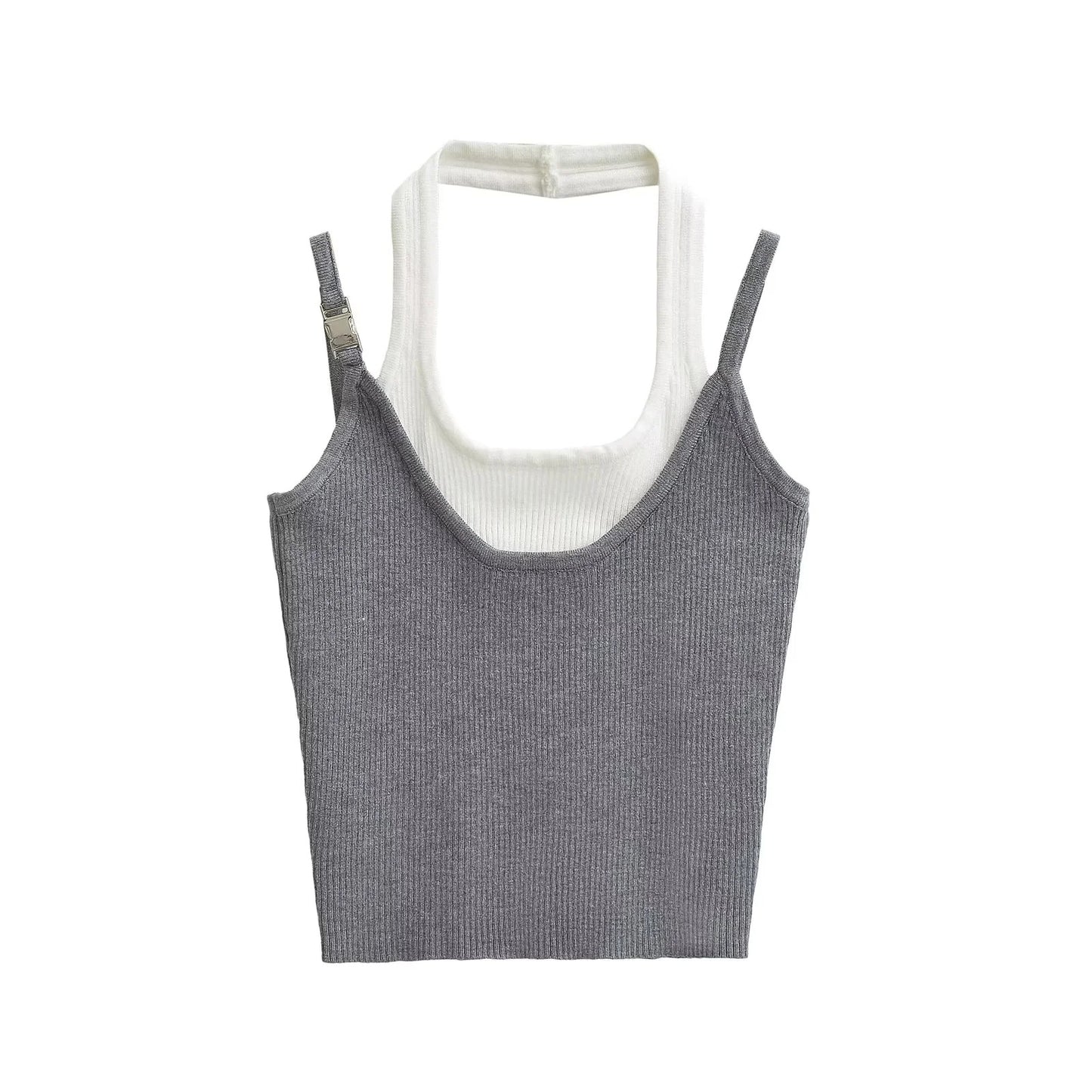 Fake two color blocked hanging neck sleeveless tops