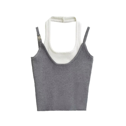 Fake two color blocked hanging neck sleeveless tops