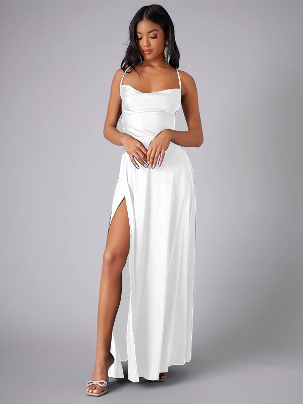 Summer Sexy Slimming Backless Strap Long Split A line Dress Women's Fashion High Waist Belted Gown V-neck