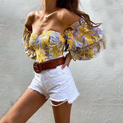 Elegant Floral Print Strapless Chiffon Shirt Fashion Women Off Shoulder Halter Sexy Blouse Shirt Summer Backeless Tops 3XL