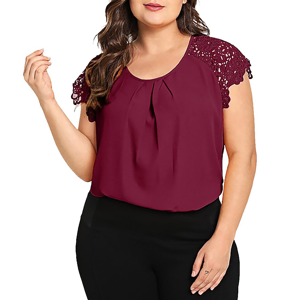 Womens Plus Size Lace Blouse Summer Casual Short Sleeve O-neck Solid Floral Lace Shoulder Tee Shirt Tops Summer Loose Blouse