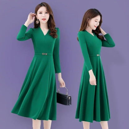 Autumn Longsleeve Kneelength Vneck Maxi Dress