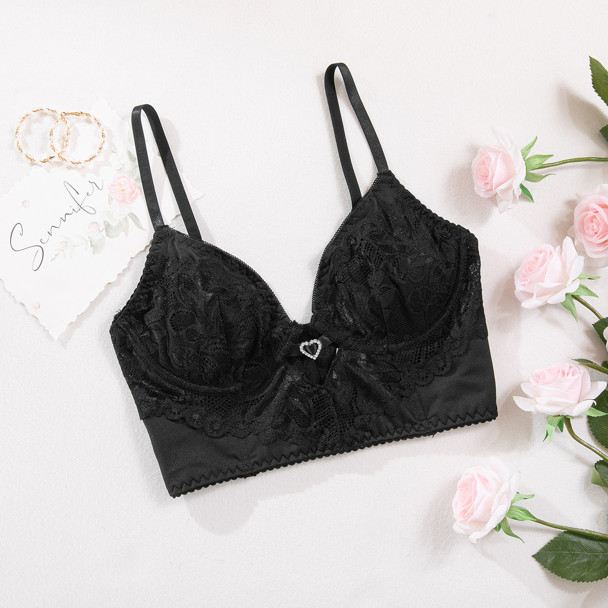 Heart-shaped Rhinestone Fashionable Spicy Girl Lace Strapless Hollow-out Sexy Bra with Steel Ring
