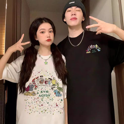 Casual Cotton Unisex Short Sleeve T-Shirt Couple Matching Tops Summer Round Neck Streetwear Fashion Style
