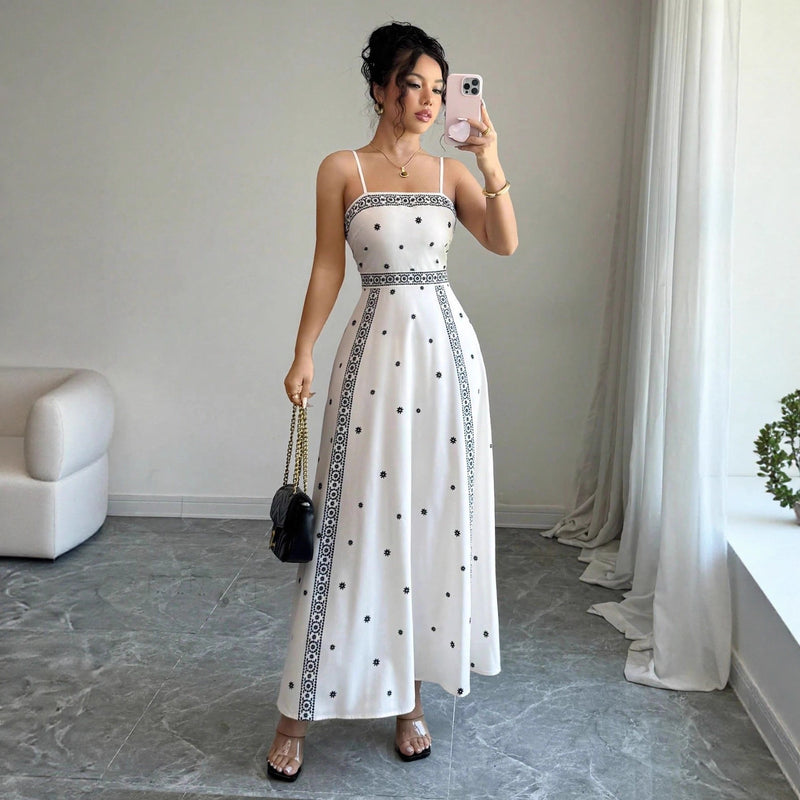 Fitted-waist White Printed A-line Maxi Dress