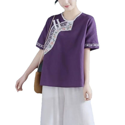 Vintage Embroidered Cotton Linen Blouse with Loose Fit Short Sleeves and Button Closure for Women Summer Casual Tops