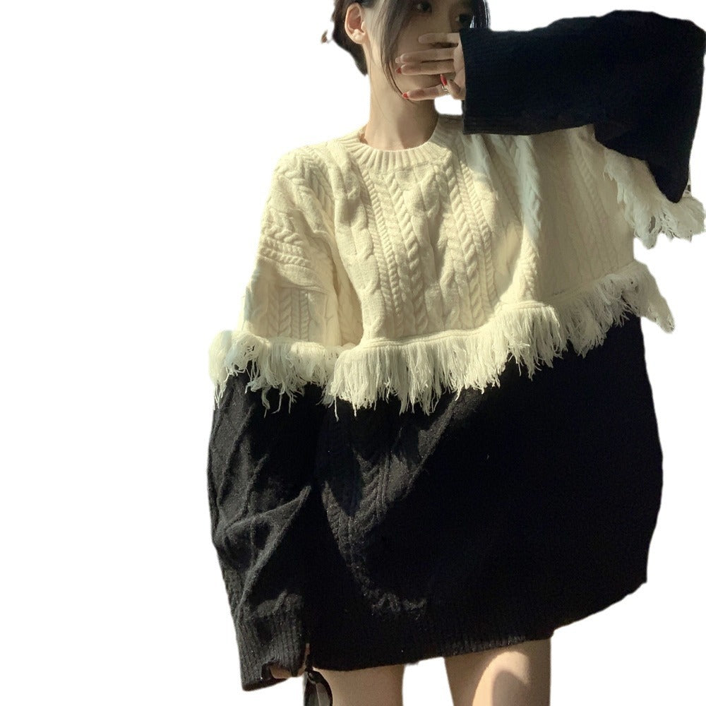 Fake Two Pieces Patchwork Color Contrast Tassel Loose Sweater Pullover Women Autumn Fashion Big size Knit Tops