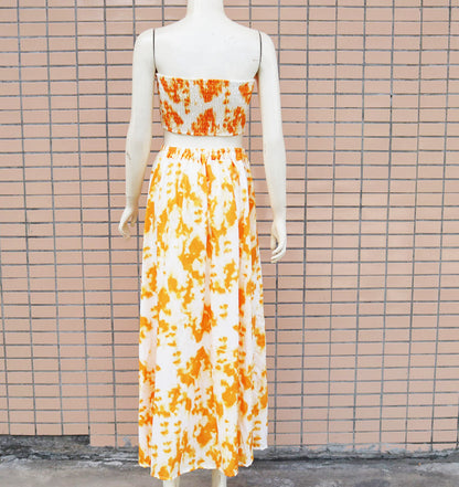 Printed Bandeau Sexy Strapless Crop Tops & Slit Maxi Skirts Set Summer Women Two Piece Set