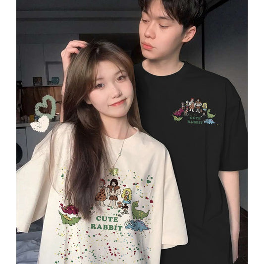 Casual Cotton Unisex Short Sleeve T-Shirt Couple Matching Tops Summer Round Neck Streetwear Fashion Style