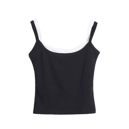 Shoulder strap color blocked fake two-piece camisole vest