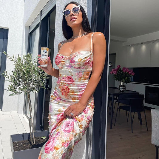 Printed slim fit backless camisole dress