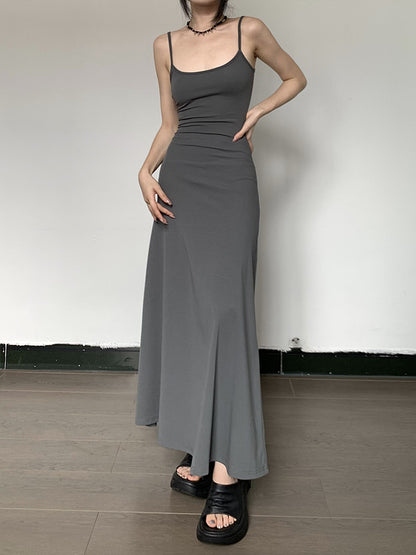 High-Waist Slimming Strap Dress, Solid Color Casual A-Line Knee-Length For Women