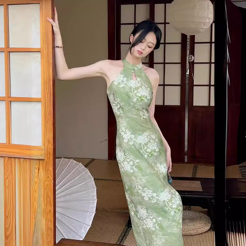 New Chinese-style Ethereal And Serene Halter-neck Waist-cinching Maxi Dress