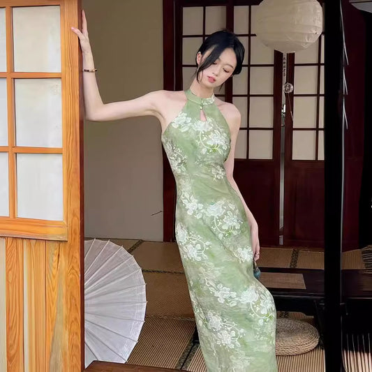 New Chinese-style Ethereal And Serene Halter-neck Waist-cinching Maxi Dress