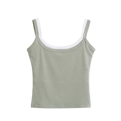 Shoulder strap color blocked fake two-piece camisole vest