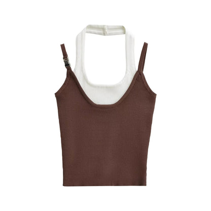 Fake two color blocked hanging neck sleeveless tops