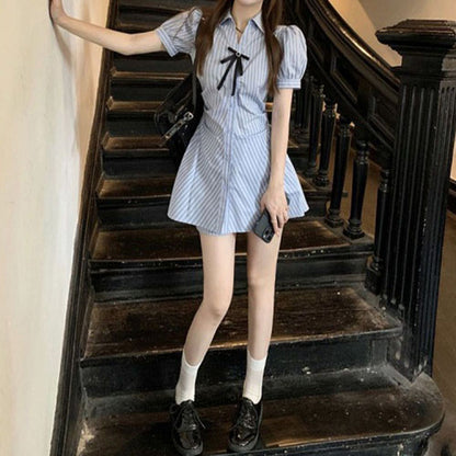 Striped Short Sleeve Dress Women's Summer Design Tight Waist Slimming Bow A- Line Skirt