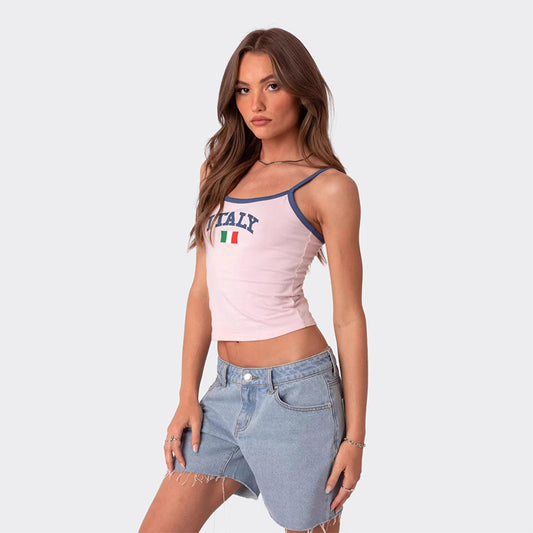 Fashionable Y2K Crop Top with Italy Letter Print and Slim Fit Strapless Camisole