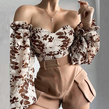 Elegant Floral Print Strapless Chiffon Shirt Fashion Women Off Shoulder Halter Sexy Blouse Shirt Summer Backeless Tops 3XL