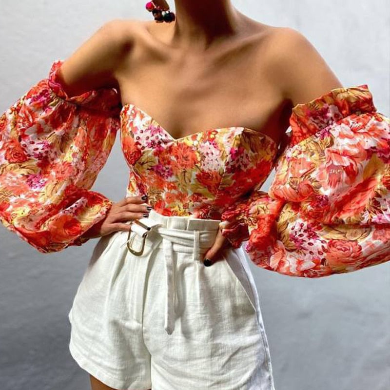 Elegant Floral Print Strapless Chiffon Shirt Fashion Women Off Shoulder Halter Sexy Blouse Shirt Summer Backeless Tops 3XL
