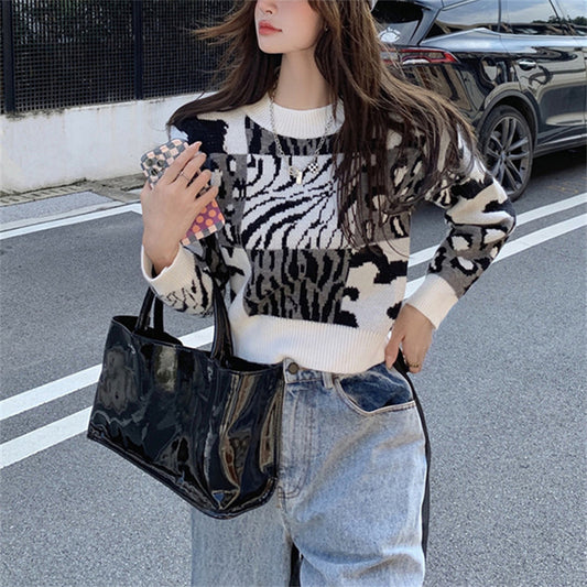 Fall Clothing Pullovers Fashion Tops for Women Vintage Leopard Print Knit Sweaters Korean Loose Jumper Sueter De Mujer