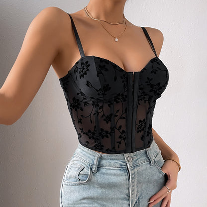 Perspective camisole splicing mesh fishbone waist short top for women
