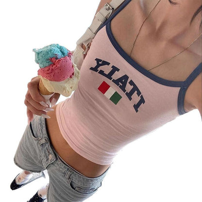 Fashionable Y2K Crop Top with Italy Letter Print and Slim Fit Strapless Camisole