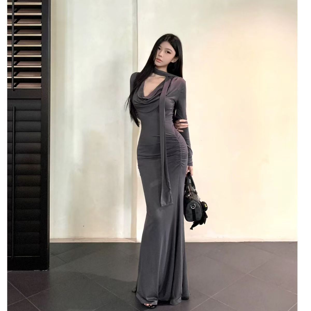 Elegant Cinched-waist Pleated Maxi Dress For Women