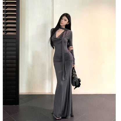 Elegant Cinched-waist Pleated Maxi Dress For Women