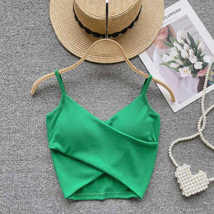 Ribbed Camisole Summer Fitted Strap Inner Wear with Fixed Pads High Elasticity Crossed Back Design