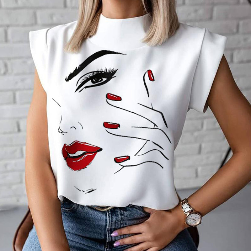 Women Elegant Lips Print Blouse Shirts Summer Casual Stand Neck Pullovers Tops Ladies Fashion Cute Eye Short Sleeve Blusa