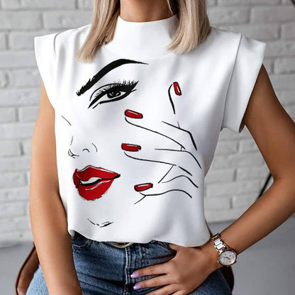 Women Elegant Lips Print Blouse Shirts Summer Casual Stand Neck Pullovers Tops Ladies Fashion Cute Eye Short Sleeve Blusa