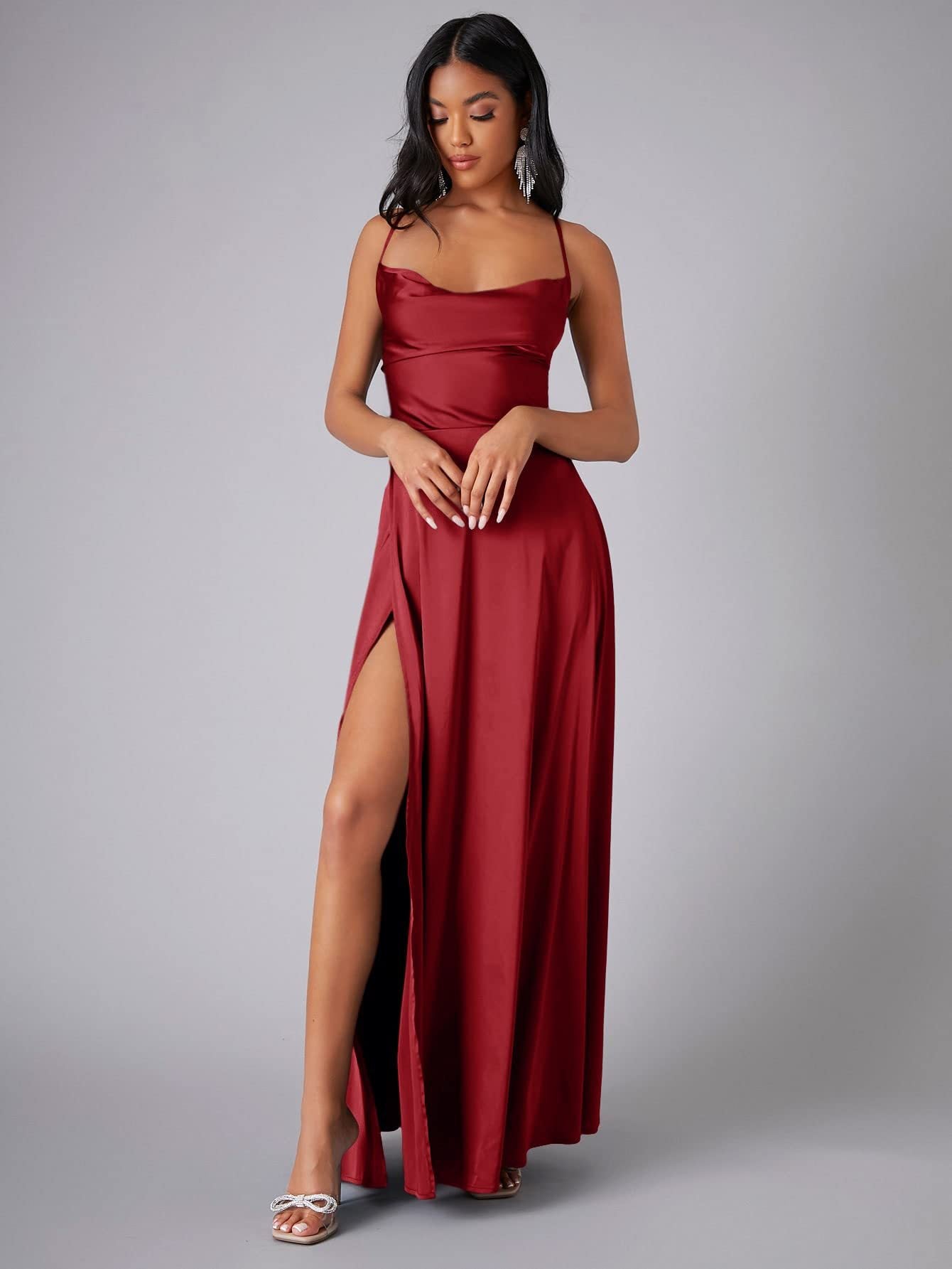 Summer Sexy Slimming Backless Strap Long Split A line Dress Women's Fashion High Waist Belted Gown V-neck