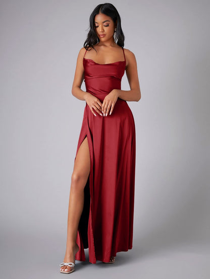 Summer Sexy Slimming Backless Strap Long Split A line Dress Women's Fashion High Waist Belted Gown V-neck