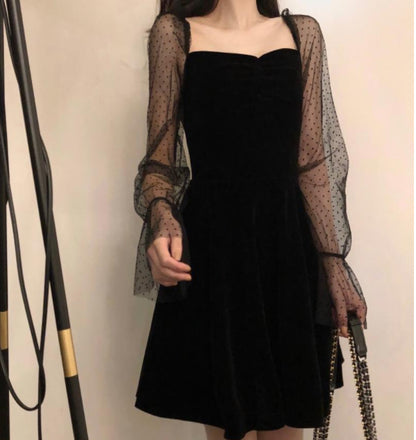 Retro Mesh Sleeves A- Line Dress Black Square Collar Dress