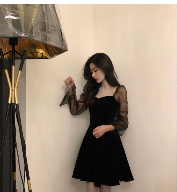 Retro Mesh Sleeves A- Line Dress Black Square Collar Dress