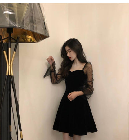 Retro Mesh Sleeves A- Line Dress Black Square Collar Dress