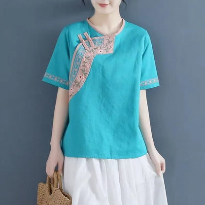 Vintage Embroidered Cotton Linen Blouse with Loose Fit Short Sleeves and Button Closure for Women Summer Casual Tops