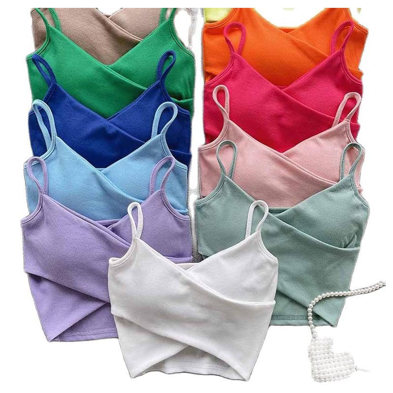 Ribbed Camisole Summer Fitted Strap Inner Wear with Fixed Pads High Elasticity Crossed Back Design