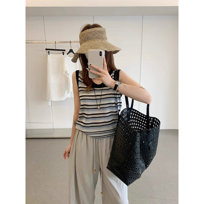 Red striped camisole round neck sleeveless I-shaped vest