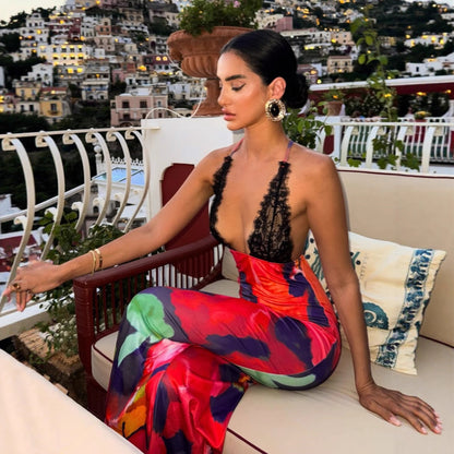 Sexy deep V-print sleeveless camisole dress