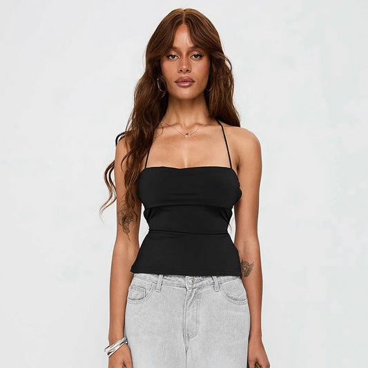 Solid color lace up backless camisole vest short top